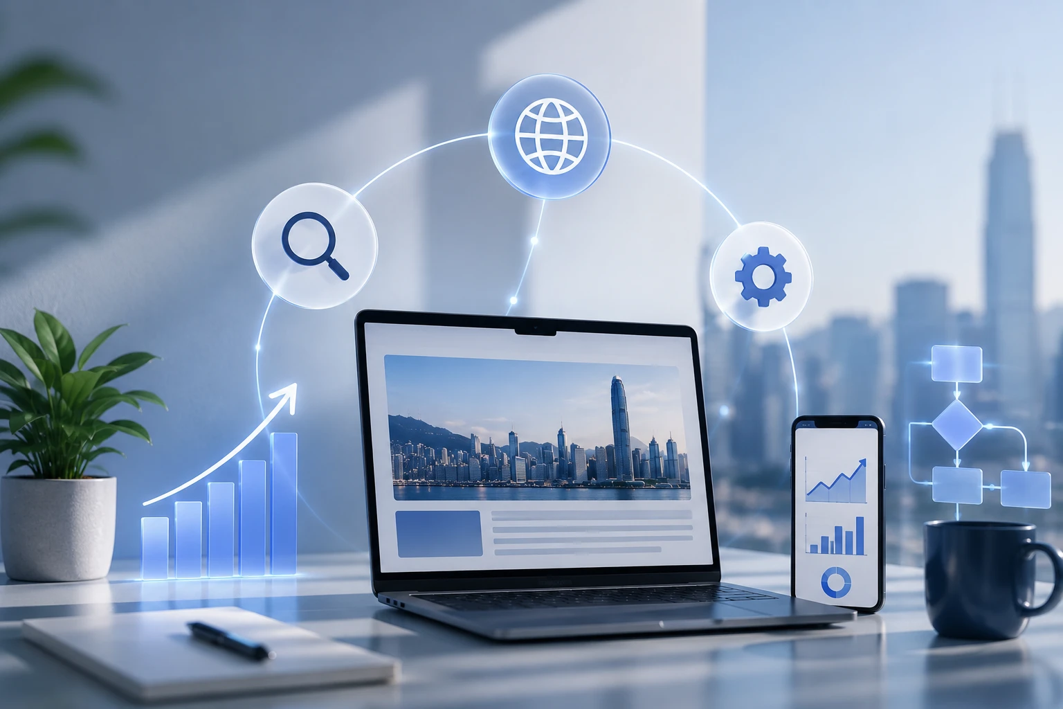 Modern workspace representing website development, SEO, search visibility and workflow automation delivered by one trusted digital partner.