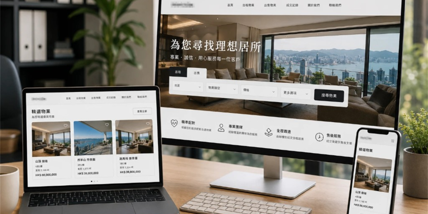 Hong Kong property agency website responsive mockup — desktop hero with rent and sale search, laptop featured listings including The Peak Mid-Levels and Happy Valley, and mobile property cards in Traditional Chinese