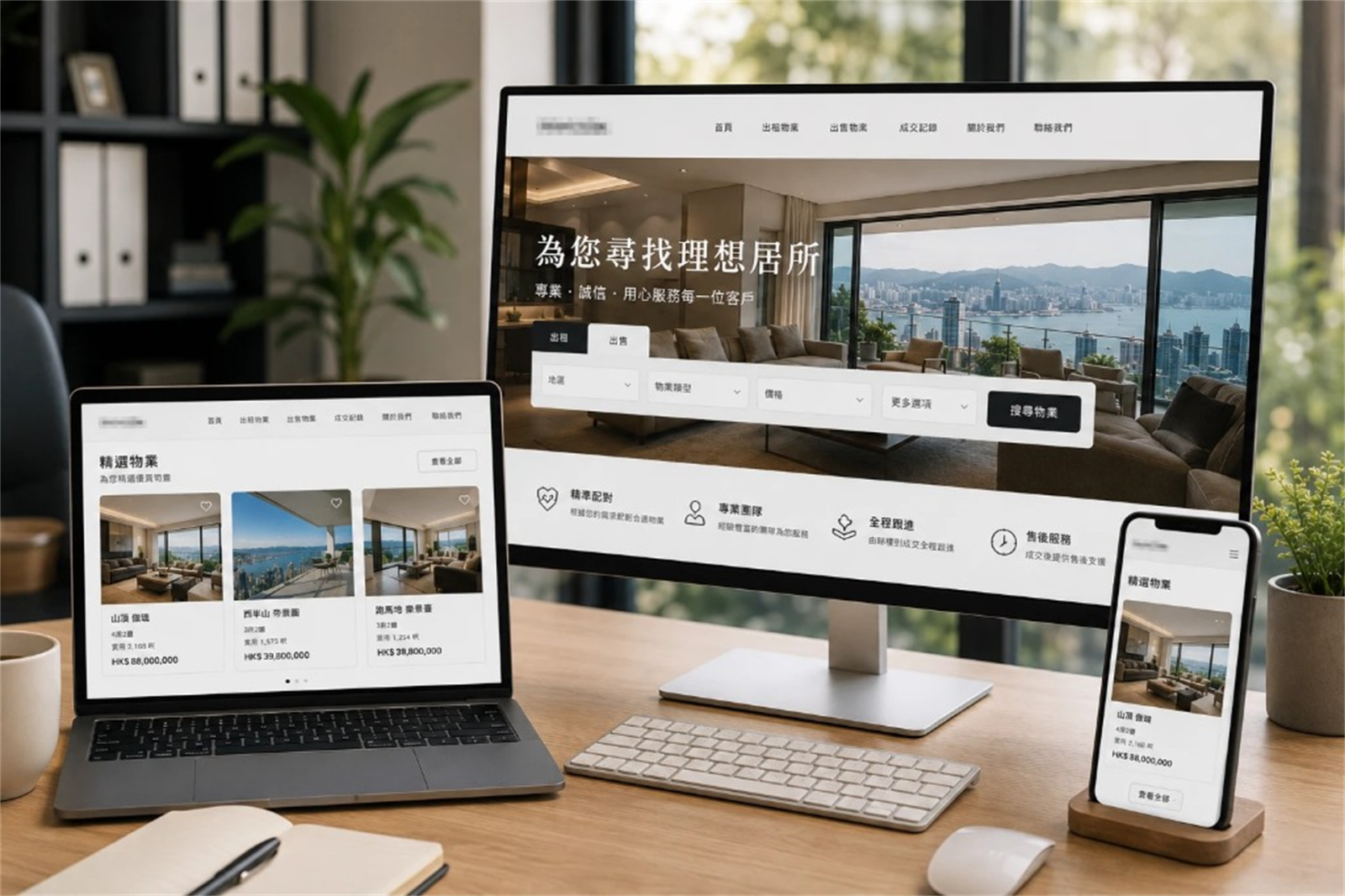 Hong Kong property agency website responsive mockup — desktop hero with rent and sale search, laptop featured listings including The Peak Mid-Levels and Happy Valley, and mobile property cards in Traditional Chinese